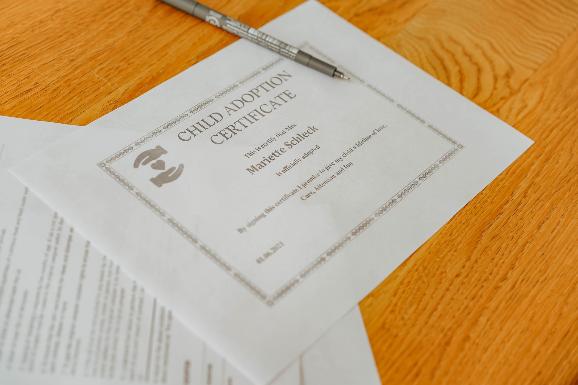 Adoption certificate and legal documents